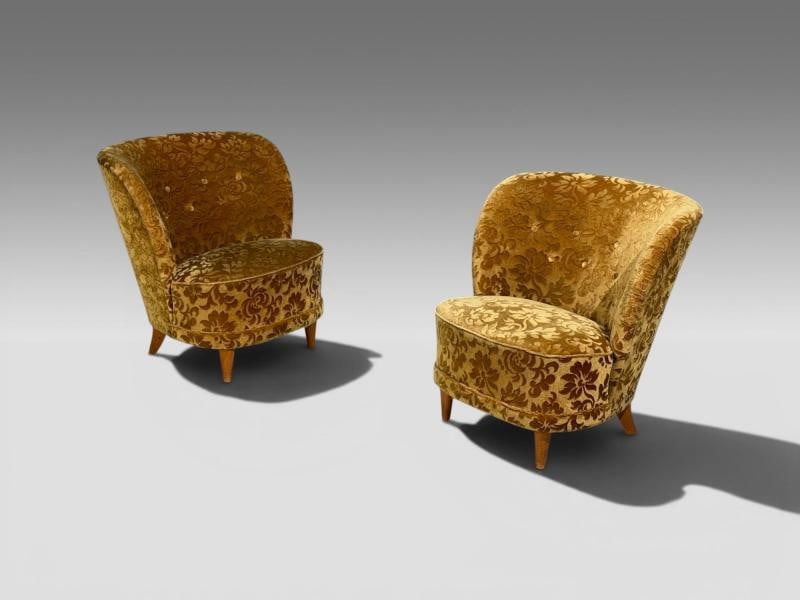 Finnish Modern, Easy Chairs, Damask, Beech, Finland, 1940s - 2