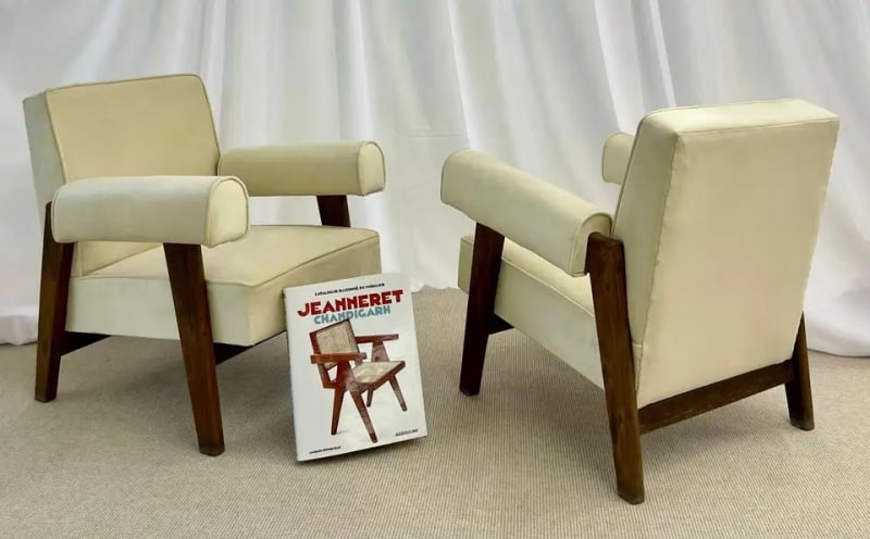 Authentic Pair of Pierre Jeanneret Upholstered Bridge Chairs, Mid-Century Modern - 2
