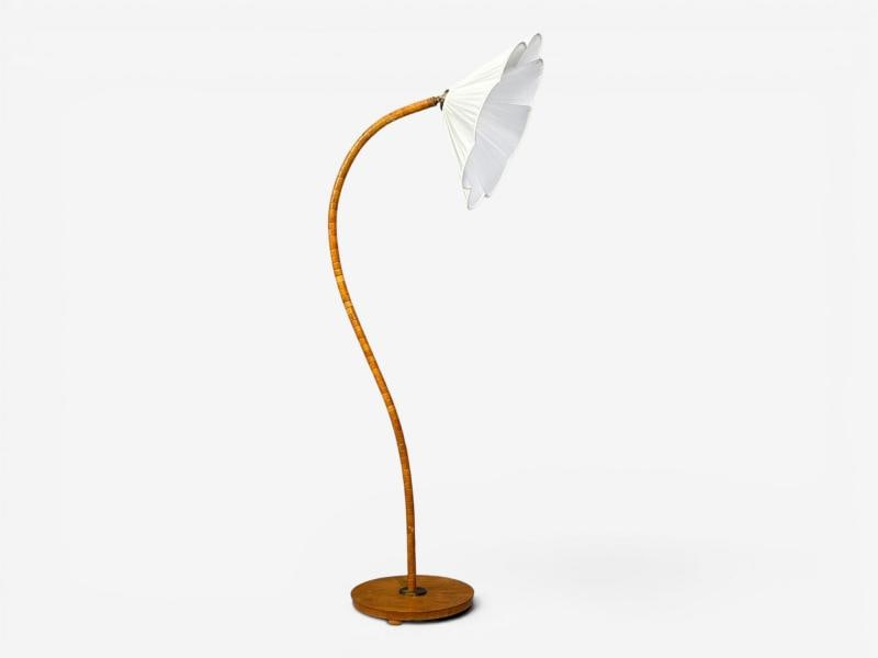 Swedish Modern, Organic Floor Lamp, Wood, Silk, Sweden, 1930s - 2