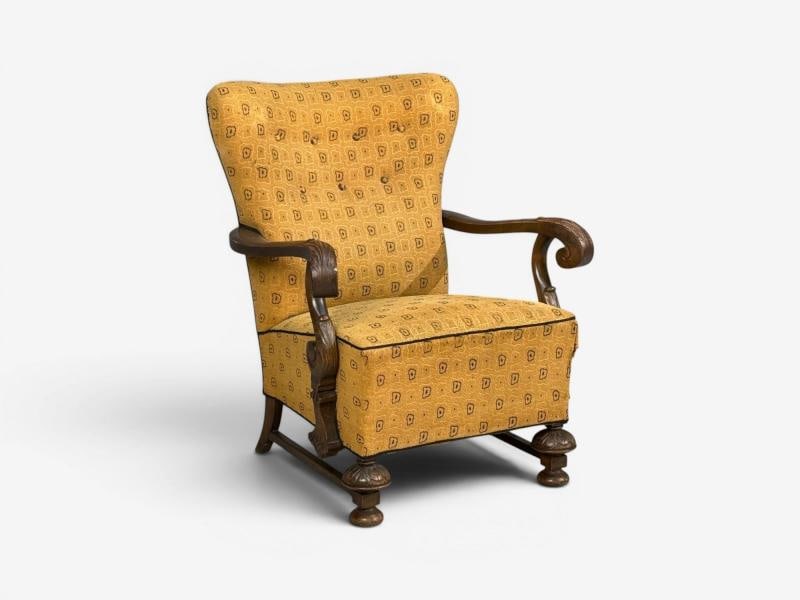 Scandinavian Modern, Lounge Chair, Carved Wood, Fabric, Denmark, 1960s - 2
