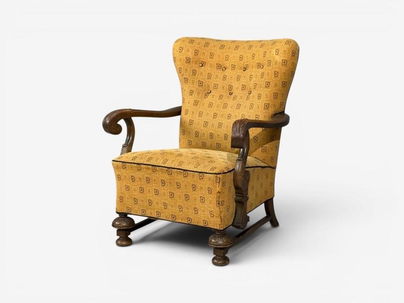 Scandinavian Modern, Lounge Chair, Carved Wood, Fabric, Denmark, 1960s - 4