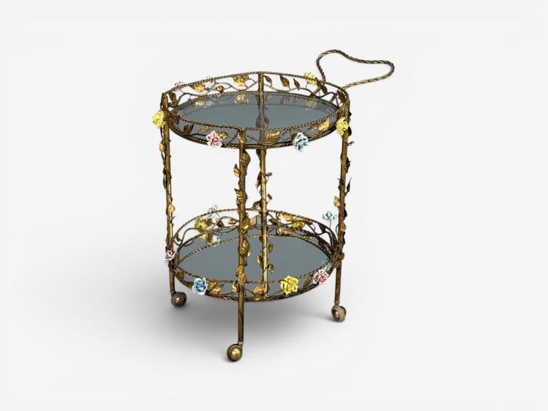 Hollywood Regency, Bar Car, Gilt Metal, Porcelain, USA, 20th c. - 2