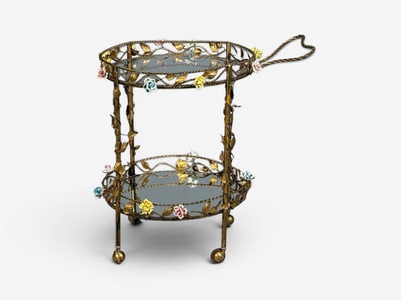 Hollywood Regency, Bar Car, Gilt Metal, Porcelain, USA, 20th c. - 3