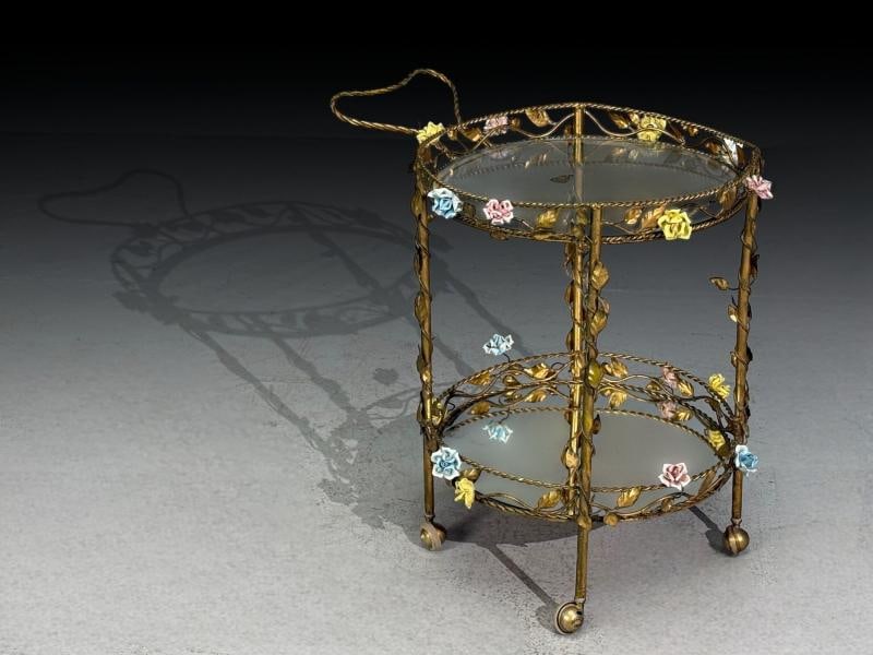 Hollywood Regency, Bar Car, Gilt Metal, Porcelain, USA, 20th c. - 4