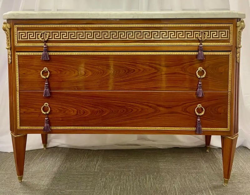 Pair of Tortoise Louis XVI Style Commodes, Chests or Nightstands, Greek Key - 4