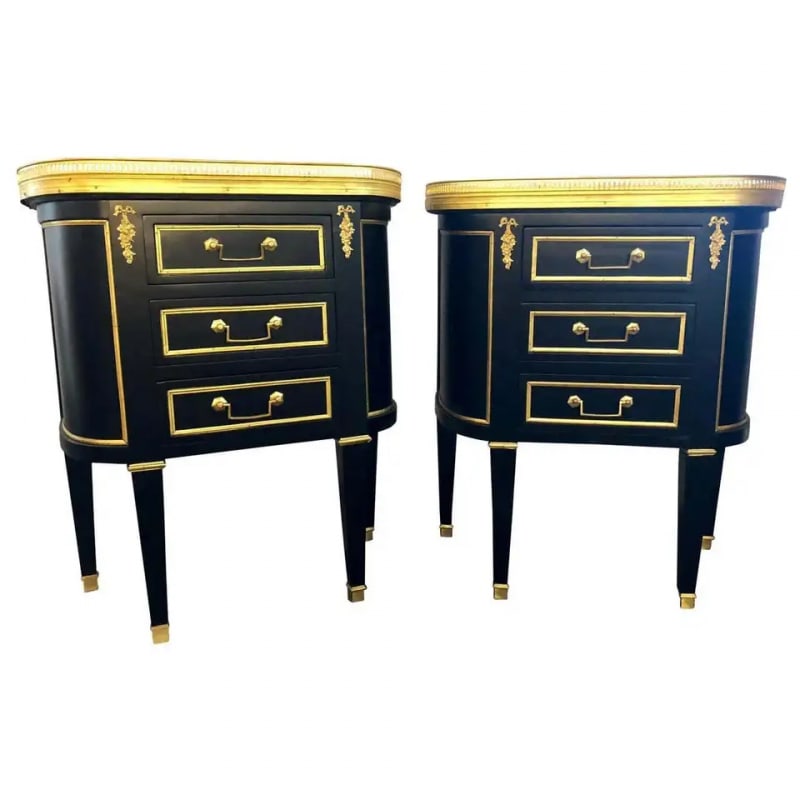 Pair of Jansen Inspired Marble-Top Galleried Ebonized End Tables / Nightstands - 2