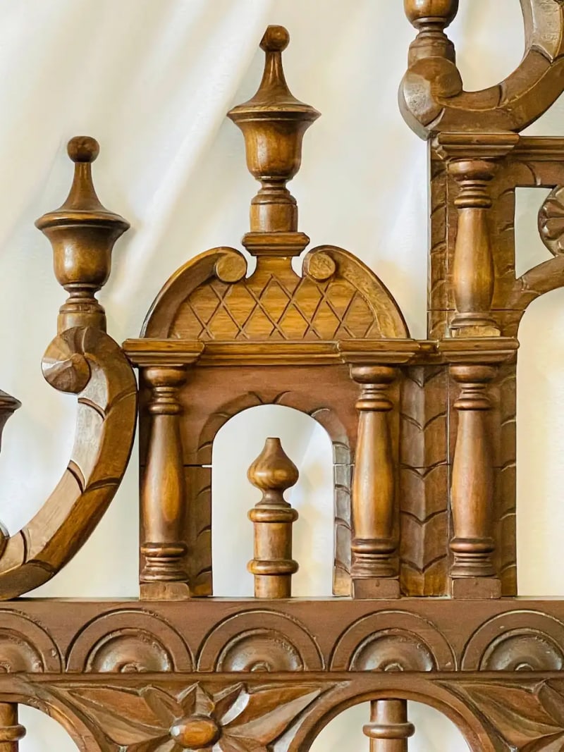 Victorian Eccentric Wooden Headboard, Jacobian Style, Walnut - 7
