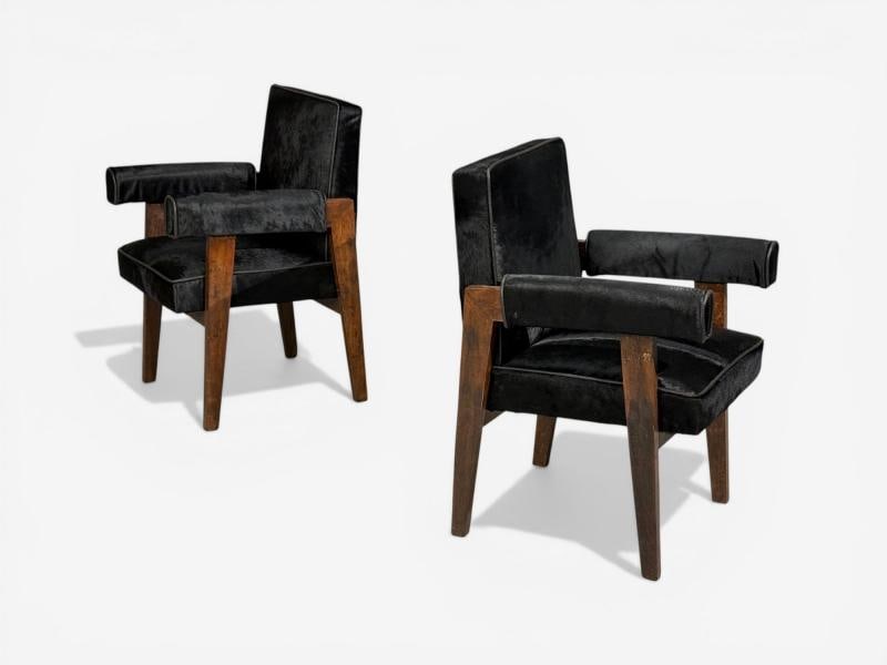 Pierre Jeanneret, Advocate Armchairs, Black Cowhide, Teak, Chandigarh, 1960s - 2