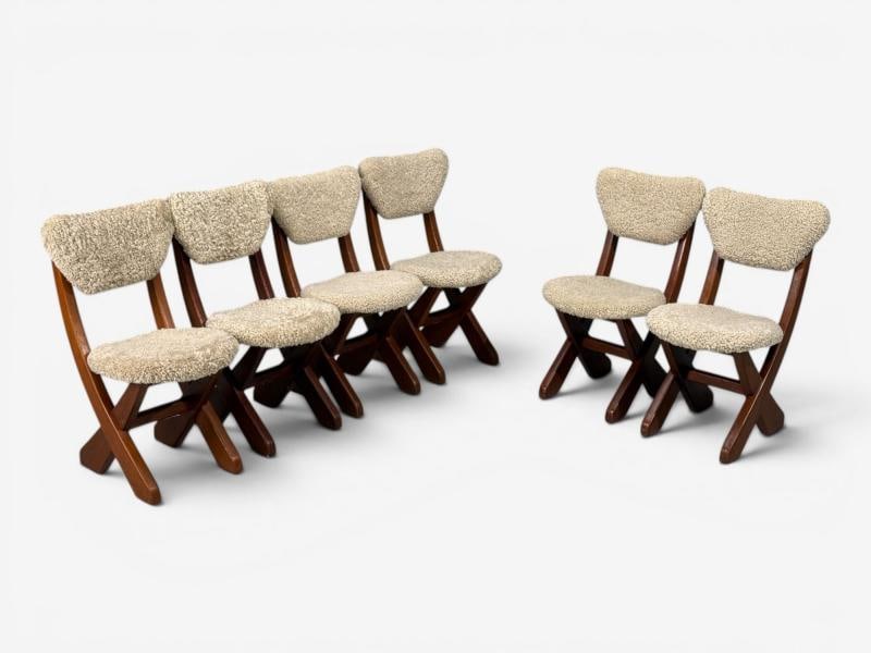 Danish Modern, Brutalist Dining Chairs, Pine, Shearling, Denmark, 1960s - 2