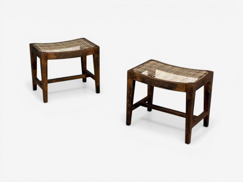Pierre Jeanneret, Rectangular Low Stools, Teak, Cane, Chandigarh, India, 1960s - 2