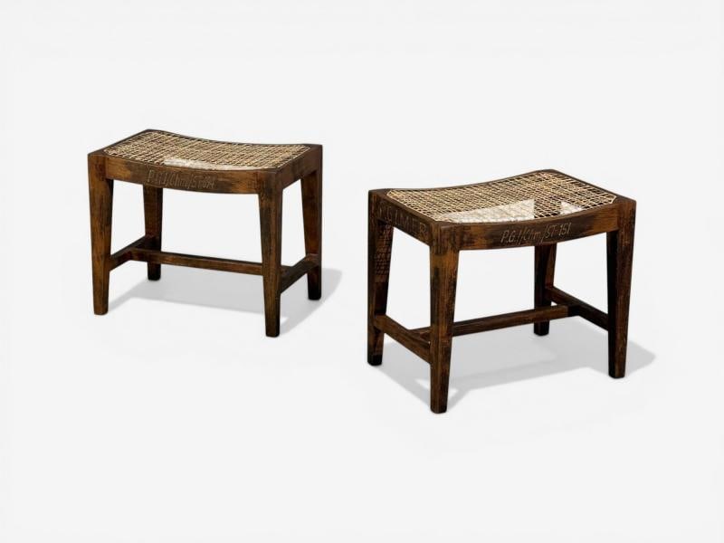 Pierre Jeanneret, Rectangular Low Stools, Teak, Cane, Chandigarh, India, 1960s - 3