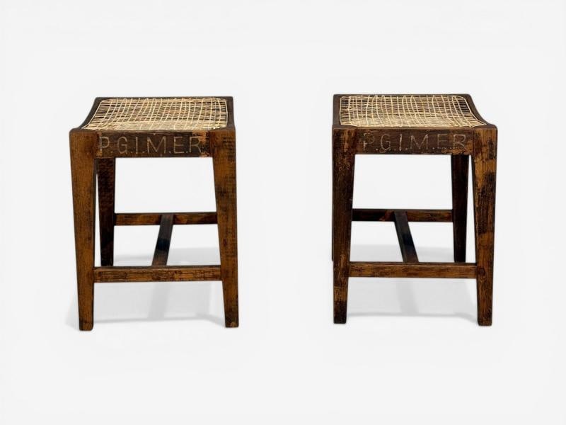 Pierre Jeanneret, Rectangular Low Stools, Teak, Cane, Chandigarh, India, 1960s - 7