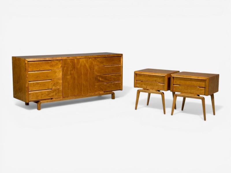 Edmond J Spence, Dresser and Nightstands, Burled Maple, Bentwood, Sweden, 1960s - 2