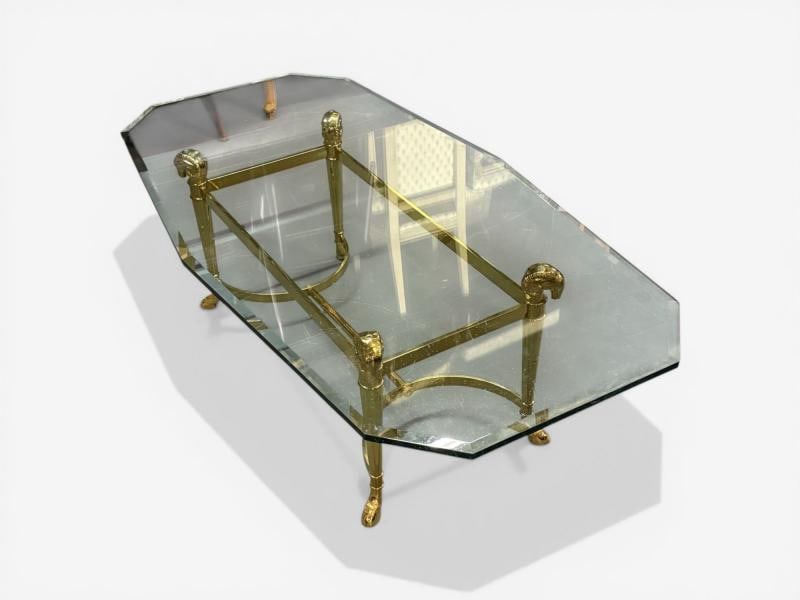 Jansen Octagon Glass Top Coffee Table, Solid Brass, Rama Head, Hollywood Regency - 3