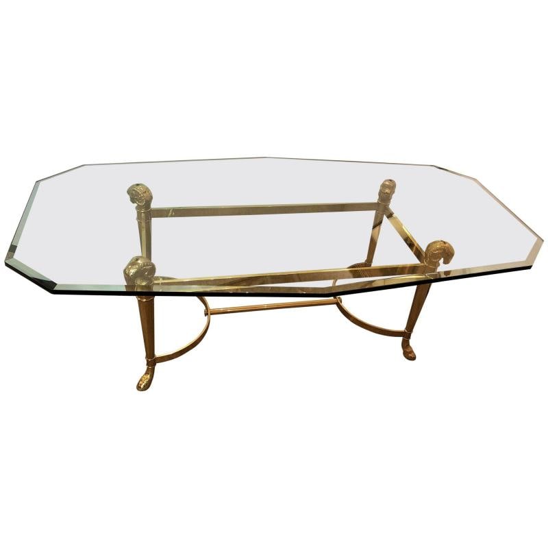 Jansen Octagon Glass Top Coffee Table, Solid Brass, Rama Head, Hollywood Regency - 4