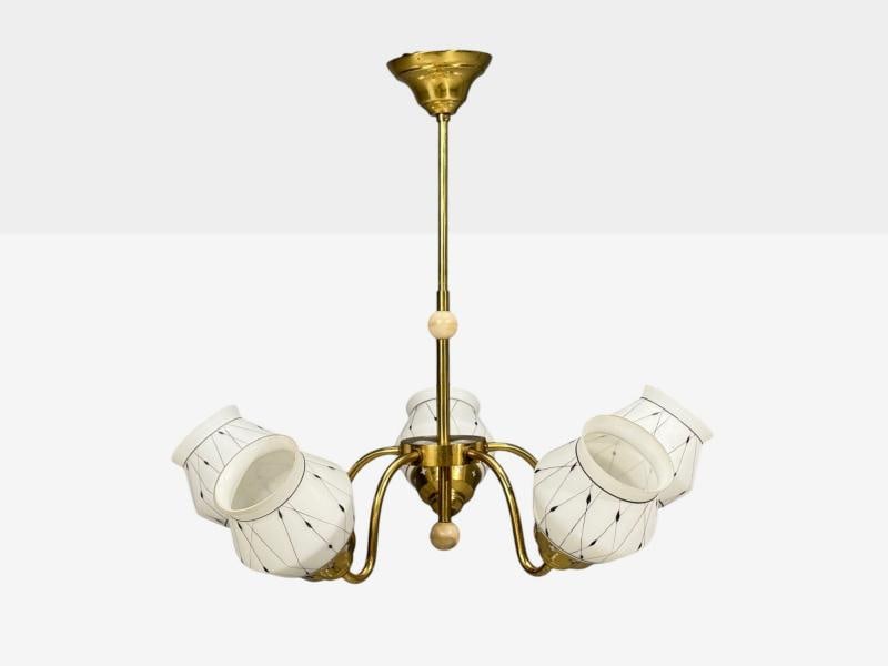 Swedish Modern, Pendant Light, Opaline Glass, Brass, Plastic, Sweden, 1930s - 2