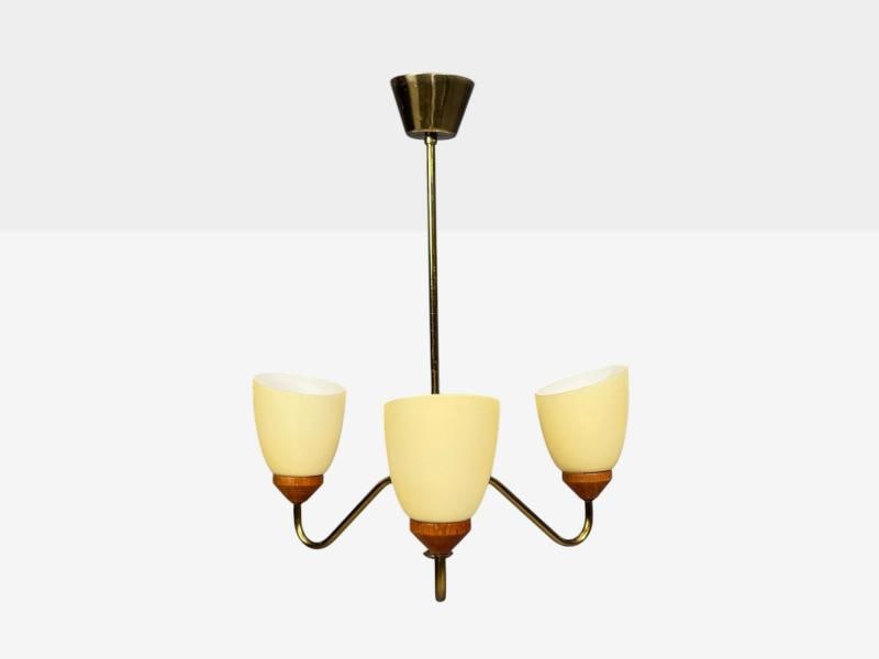 Swedish Modern, Pendant Light, Teak, Brass, Glass, Sweden, 1950s - 2
