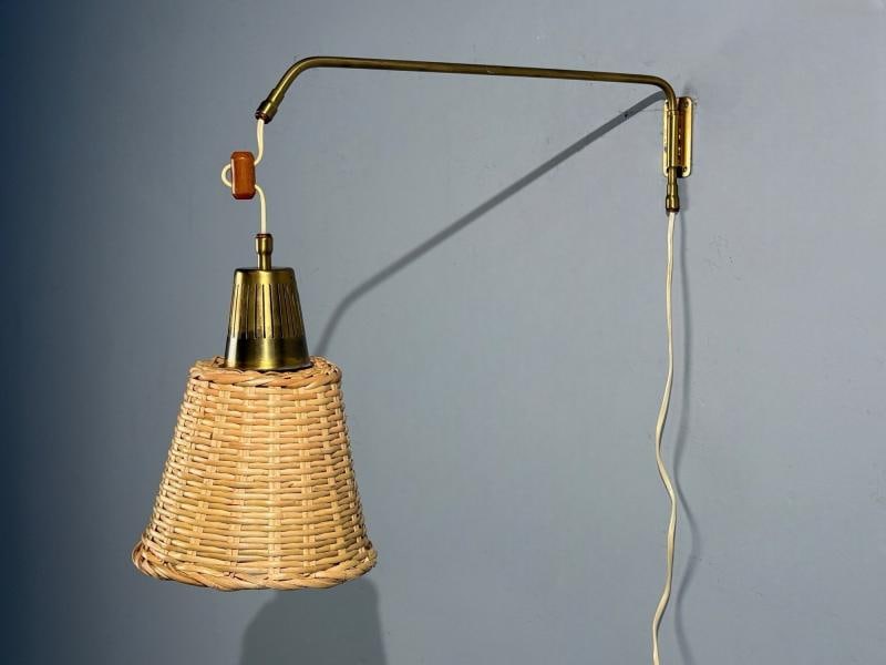 Ateljé Lyktan, Articulating Wall Light, Brass, Cane, Teak, Sweden, 1970s - 2
