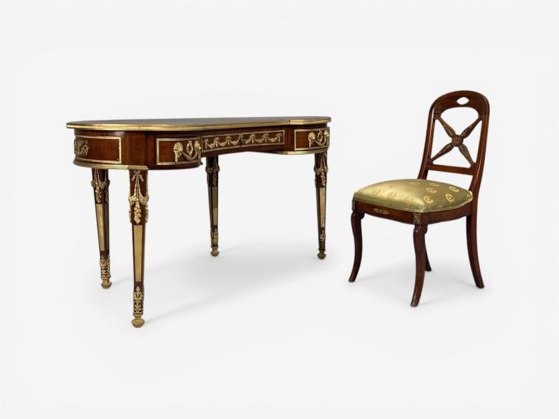 Guillaume Grohé, Kidney Shaped Desk and Chair, Leather, Bronze, France, 19th c. - 2