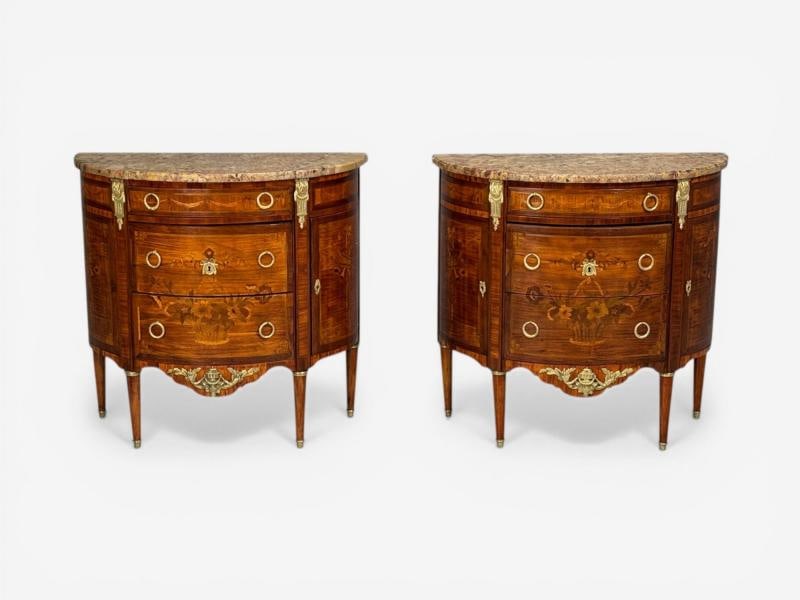 Louis XVI Style, Demilune Commodes, A Pair, Inlaid, Bronze, France, 19th c. - 2