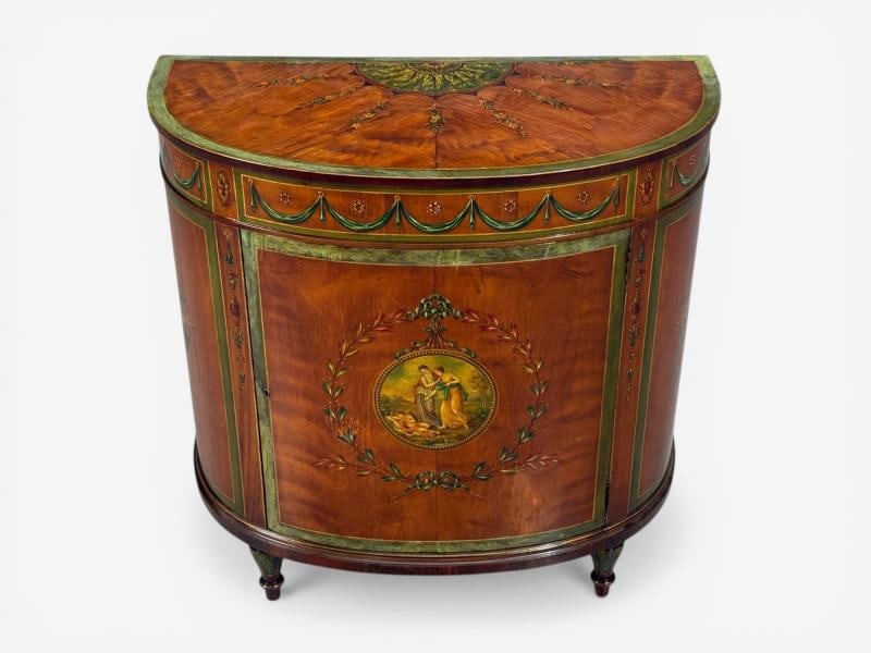 Edwardian, Adams Paint Decorated Demilune Cabinet, Inlaid Wood, 19th c. - 3