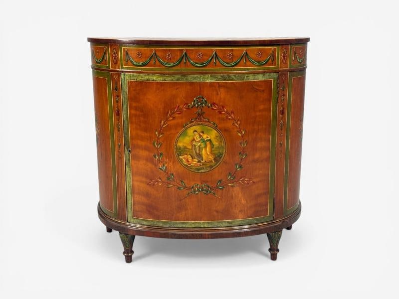 Edwardian, Adams Paint Decorated Demilune Cabinet, Inlaid Wood, 19th c. - 4