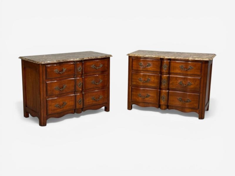 Hickory Chair, Louis XV Style Commodes, Wood, Brass, Marble, USA, 1980s - 2