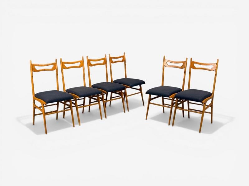 Vittorio Vago Mobili, Six Dining Chairs, Fruitwood, Fabric, Italy, 1960s - 2