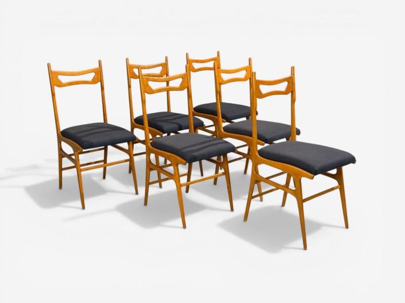 Vittorio Vago Mobili, Six Dining Chairs, Fruitwood, Fabric, Italy, 1960s - 7