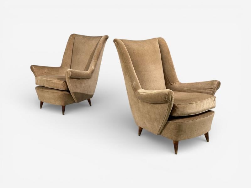Paolo Buffa Style, Wingback Lounge Chairs, Fabric, Wood, Italy, 1950s - 2