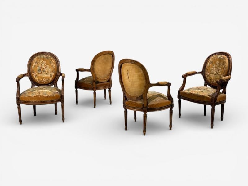 Louis XVI Style, Four Armchairs, Tapestry, Walnut, France, 20th c. - 2
