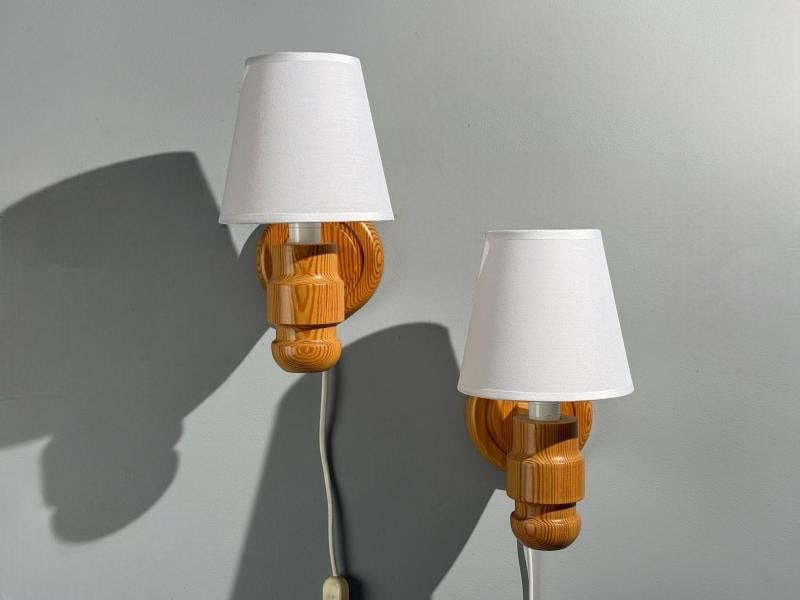 Solbackens Svarveri, Wall Lights, Pine, Fabric, Sweden, 1960s - 2