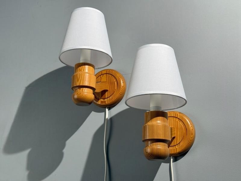 Solbackens Svarveri, Wall Lights, Pine, Fabric, Sweden, 1960s - 3