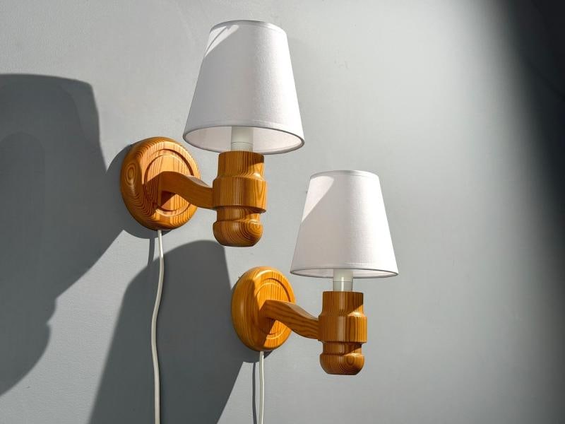 Solbackens Svarveri, Wall Lights, Pine, Fabric, Sweden, 1960s - 4