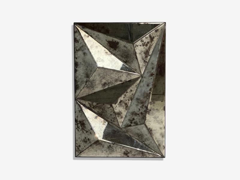 Brutalist Geometric Wall Mirror, Distressed Beveled Glass, Wood, 21st C. - 2
