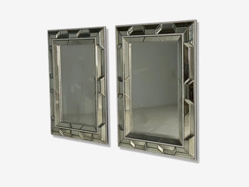 French Art Deco Style, Large Wall Mirrors, Antiqued Glass, Silver Leaf Wood - 2