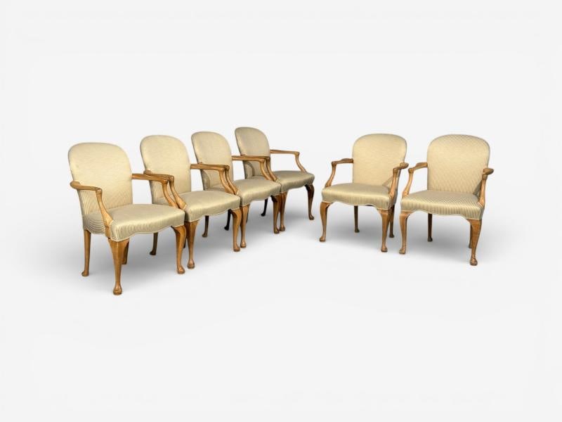 Queen Anne Style, Six Dining Chairs, Light Wood, Fabric, USA, 1940s - 2