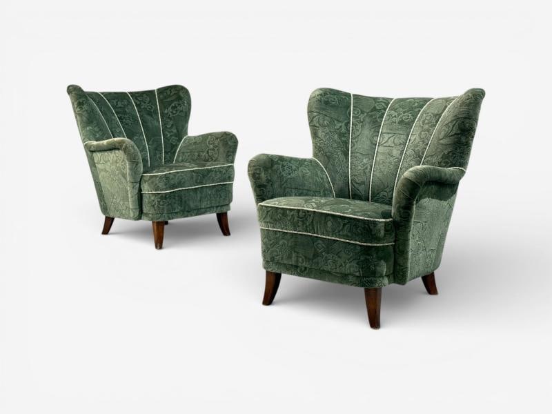 Ilmari Lappalainen, Lounge Chairs, Beech, Green Fabric, Finland, 1950s - 2
