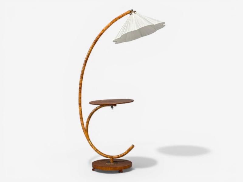 Swedish Modern, Floor Lamp with Shelf, Birch, Brass, Sweden, 1930s - 2