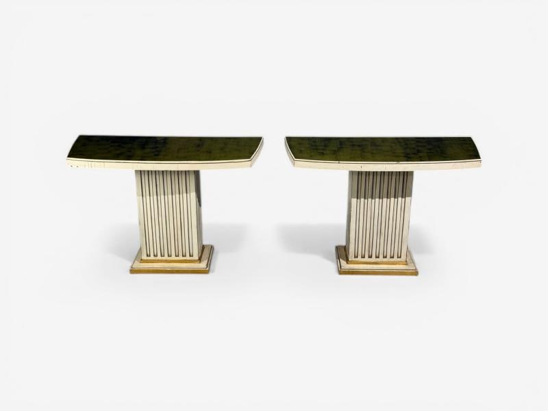 Pair Maison Jansen Painted and Eglomise Emerald Green Glass Top Console Tables - 2