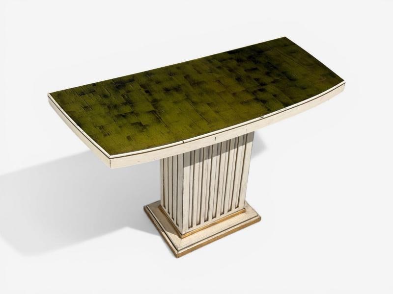 Pair Maison Jansen Painted and Eglomise Emerald Green Glass Top Console Tables - 7