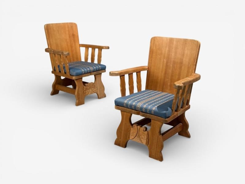 Krogenæs Møbler, Armchairs, Pine, Blue Fabric, Norway, 1970s - 2