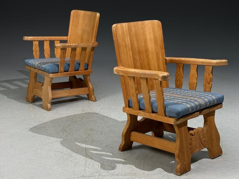 Krogenæs Møbler, Armchairs, Pine, Blue Fabric, Norway, 1970s - 3