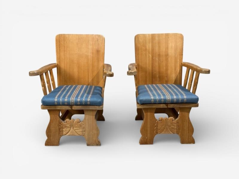 Krogenæs Møbler, Armchairs, Pine, Blue Fabric, Norway, 1970s - 4