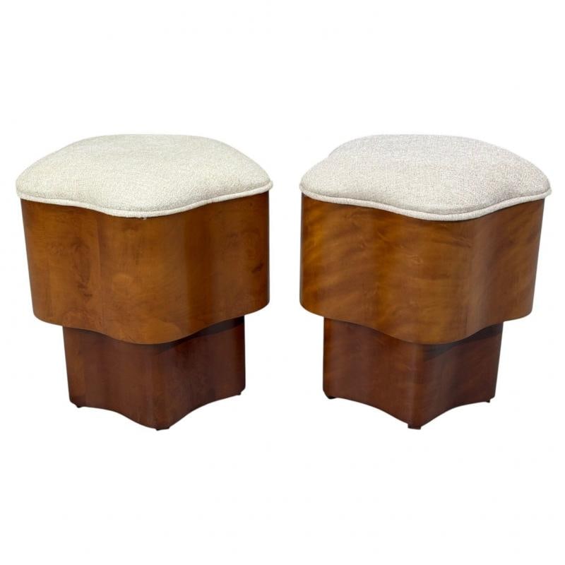 Art Deco Style, Star Motif Footstools, Burlwood, Beige Linen, 21st c. - 2