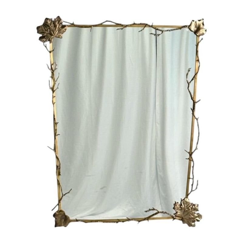 Modern Trapezoidal Bronze Wall Mirror, Branch and Leaf Motif, France, 21st C. - 2