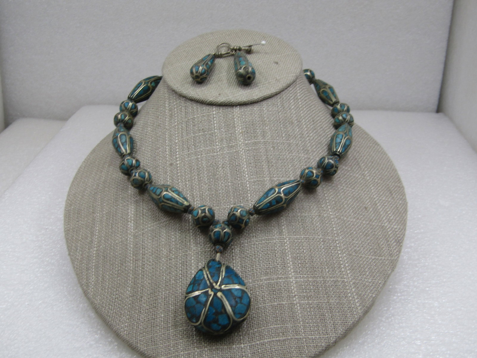 Vintage Inlaid Turquoise or Eilat Stone Necklace and Earrings, 1950's or Pre 1950's - 2