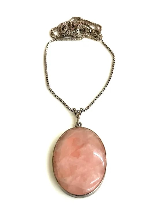 Vintage Sterling Silver Rose Quartz Oval Pendant on Sterling Silver Chain Necklace - 2