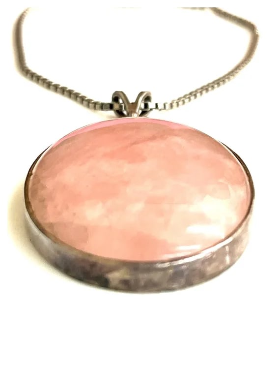 Vintage Sterling Silver Rose Quartz Oval Pendant on Sterling Silver Chain Necklace - 3
