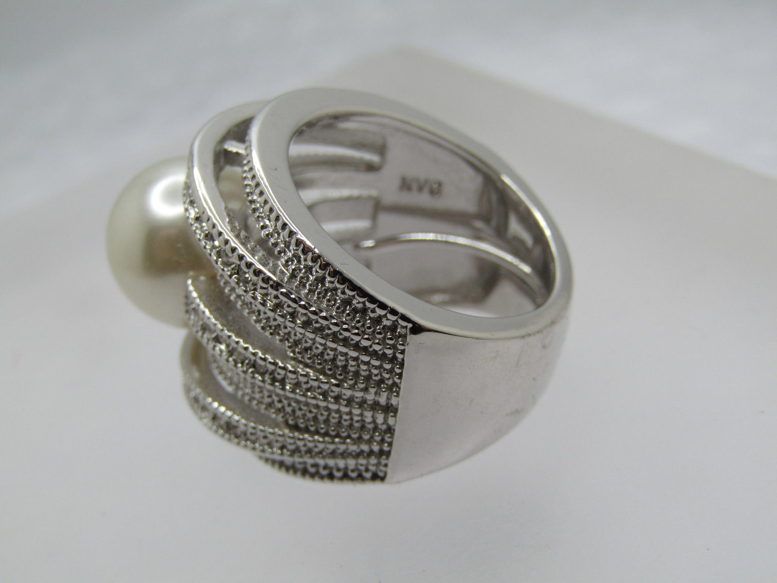 Silver Tone Faux Pearl Statement Ring, Sz. 5-7, Clear Stones, Signed - 5
